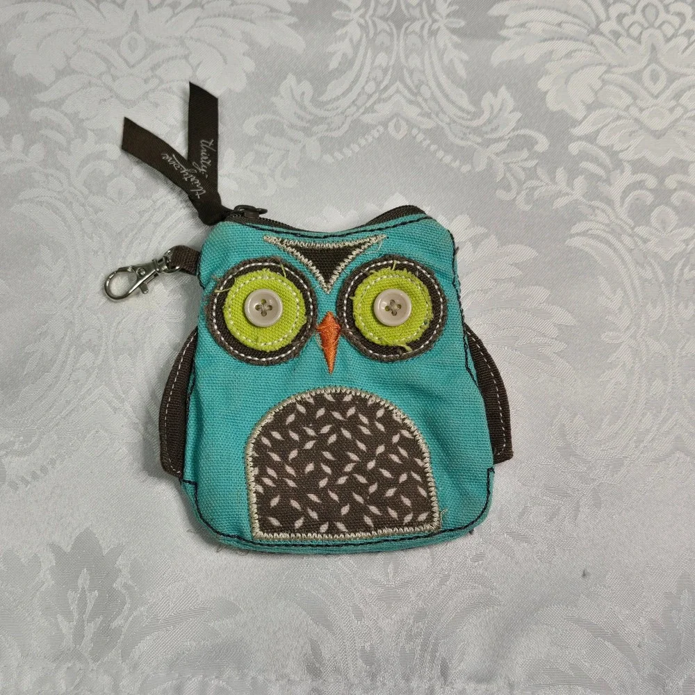 Thirty-One Owl Coin Purse Turquoise Blue Canvas Zipper Pouch with Key Clip